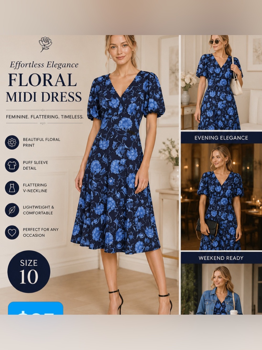 Effortless Floral V-Neck Midi Dress in Blue